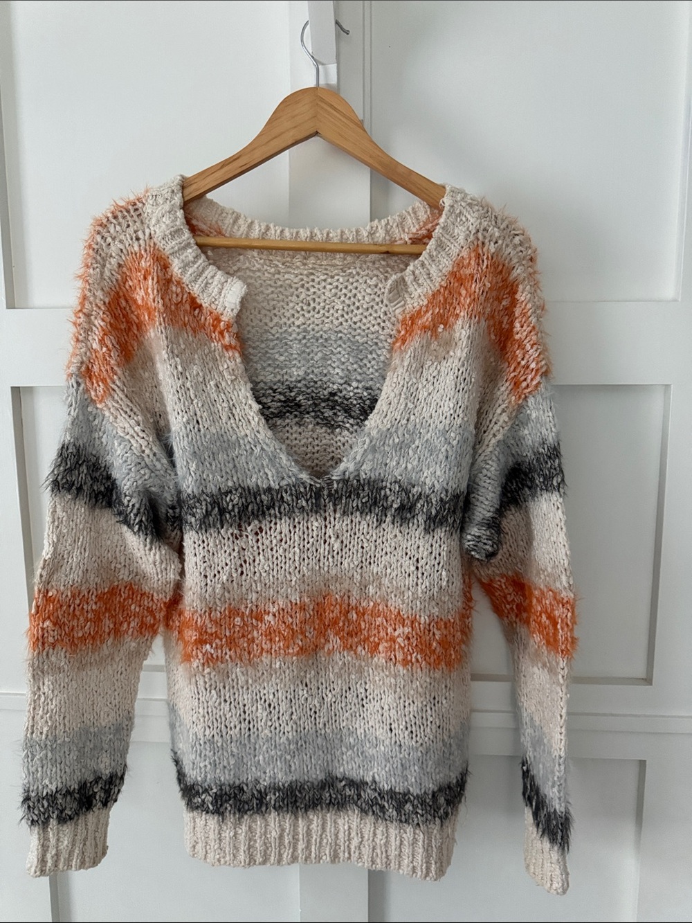Anthropologie Cream V-Neck Sweater with Orange & Gray Stripes